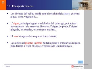 3.1. Els agents externs Les formes del relleu tamb é són el resultat dels  agents   externs : aigua, vent, vegetació… L’ aigua , principal agent modelador del paisatge, pot actuar intensament i de maneres diverses: l’aigua de pluja, l’aigua glaçada, les onades, els corrents marins.. . El  vent  desgasta les roques i les erosiona. Les arrels de  plantes  i  arbres  poden ajudar a trencar les roques, però també a fixar el sòl als vessants de les muntanyes. 03 