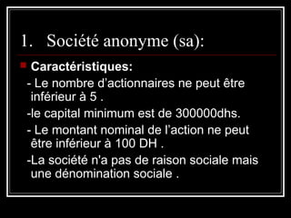 1. Société anonyme (sa):
Caractéristiques:
- Le nombre d’actionnaires ne peut être
inférieur à 5 .
-le capital minimum est de 300000dhs.
- Le montant nominal de l’action ne peut
être inférieur à 100 DH .
-La société n'a pas de raison sociale mais
une dénomination sociale .



 