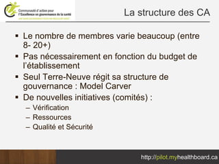 La structure des CA

Le nombre de membres varie beaucoup (entre
8- 20+)
Pas nécessairement en fonction du budget de
l’établissement
Seul Terre-Neuve régit sa structure de
gouvernance : Model Carver
De nouvelles initiatives (comités) :
– Vérification
– Ressources
– Qualité et Sécurité



                            http://pilot.myhealthboard.ca
 