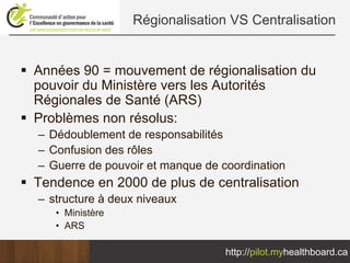 Régionalisation VS Centralisation


Années 90 = mouvement de régionalisation du
pouvoir du Ministère vers les Autorités
Régionales de Santé (ARS)
Problèmes non résolus:
– Dédoublement de responsabilités
– Confusion des rôles
– Guerre de pouvoir et manque de coordination
Tendence en 2000 de plus de centralisation
– structure à deux niveaux
   • Ministère
   • ARS

                                  http://pilot.myhealthboard.ca
 