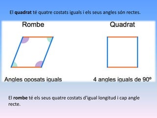 El quadrat té quatre costats iguals i els seus angles són rectes.
El rombe té els seus quatre costats d'igual longitud i cap angle
recte.
 