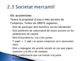 Els accionistes Tenen la propietat d’una o més accions de l’empresa. Tenen els DRETS següents: Dret de participar dels beneficis socials (dividends) Dret preferent de subscripció de noves accions en les ampliacions de capital Dret d’assistència i vot a les juntes.  1 soci = 1 vot  ( en grans empreses se’n necessiten més) Dret a impugnar els acords socials en cas que siguin contraris a la llei o als estatuts Dret a informació que cal tractar a la junta d’accionistes. 