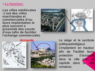 Le siège et le symbole
politiqueetreligieux
s’implantent en hauteur
afin de Faciliter leurs
protection (l’acropole
dans la ville grec et
capitole dans la ville
romaine).
Acropole
 