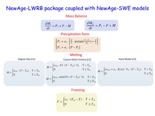 Mass!Balance!
Precipita+on!form!
Mel+ng!
Freezing!
DegreeUDay!(C1)! CazorziUDella!Fontana!(C2)! Hock!Model!(C3)!
NewAge-LWRB package coupled with NewAge-SWE models
 