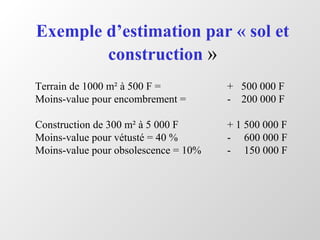 Exemple d’estimation par « sol et
construction »
Terrain de 1000 m² à 500 F = + 500 000 F
Moins-value pour encombrement = - 200 000 F
Construction de 300 m² à 5 000 F + 1 500 000 F
Moins-value pour vétusté = 40 % - 600 000 F
Moins-value pour obsolescence = 10% - 150 000 F
 
