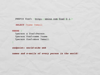 PREFIX foaf: <http://xmlns.com/foaf/0.1/>

  SELECT ?name ?email

WHERE {
  ?person a foaf:Person.
  ?person foaf:name ?name.
  ?person foaf:mbox ?email.
}

endpoint: world-wide web

names and e-mails of every person in the world!
 