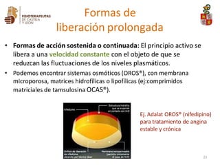 Formas de
liberación prolongada
• Formas de acción sostenida o continuada: El principio activo se
libera a una velocidad constante con el objeto de que se
reduzcan las fluctuaciones de los niveles plasmáticos.
• Podemos encontrar sistemas osmóticos (OROS®), con membrana
microporosa, matrices hidrofílicas o lipofílicas (ej:comprimidos
matriciales de tamsulosina OCAS®).
Ej. Adalat OROS® (nifedipino)
para tratamiento de angina
estable y crónica
23
 