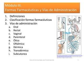 1. Definiciones
2. Clasificación formas farmacéuticas
3. Vías de administración
a. Oral
b. Rectal
c. Vaginal
d. Parenteral
e. Ótica
f. Oftálmica
g. Dérmica
h. Transdérmica
i. Subcutanea
Módulo III.
Formas Farmacéuticas y Vías de Administración
http://www.portalesmedicos.com/publicaciones/articles/775/1/Via
s-de-Administracion-de-Farmacos.html La autoría de dicha página
está referida a: Mgtra. Yamilka L. Sánchez .
Curso de Farmacología para Fisioterapeutas 3
 