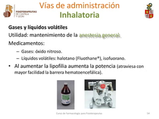 Gases y líquidos volátiles
Utilidad: mantenimiento de la anestesia general.
Medicamentos:
– Gases: óxido nitroso.
– Líquidos volátiles: halotano (Fluothane®), isofuorano.
• Al aumentar la lipofilia aumenta la potencia (atraviesa con
mayor facilidad la barrera hematoencefálica).
Vías de administración
Inhalatoria
Curso de Farmacología para Fisioterapeutas 54
 