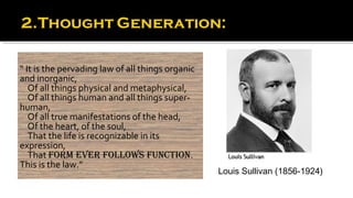 “ It is the pervading law of all things organic
and inorganic,
   Of all things physical and metaphysical,
   Of all things human and all things super-
human,
   Of all true manifestations of the head,
   Of the heart, of the soul,
   That the life is recognizable in its
expression,
   That form ever follows function.
This is the law.”
                                                  Louis Sullivan (1856-1924)
 