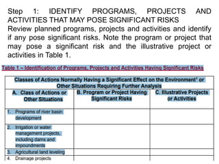 8
Step 1: IDENTIFY PROGRAMS, PROJECTS AND
ACTIVITIES THAT MAY POSE SIGNIFICANT RISKS
Review planned programs, projects and activities and identify
if any pose significant risks. Note the program or project that
may pose a significant risk and the illustrative project or
activities in Table 1.
 