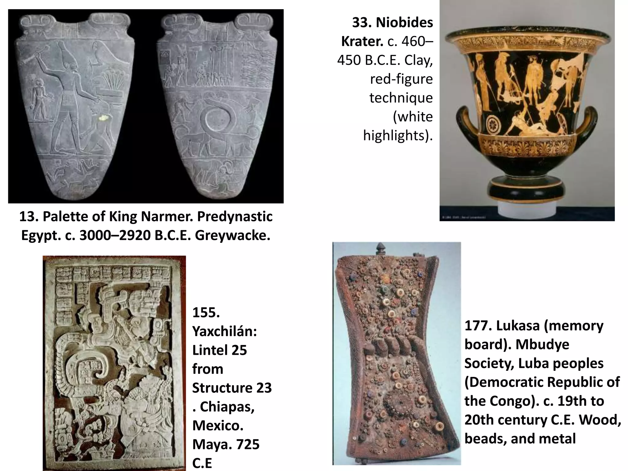 13. Palette of King Narmer. Predynastic
Egypt. c. 3000–2920 B.C.E. Greywacke.
33. Niobides
Krater. c. 460–
450 B.C.E. Clay,
red-figure
technique
(white
highlights).
155.
Yaxchilán:
Lintel 25
from
Structure 23
. Chiapas,
Mexico.
Maya. 725
C.E
177. Lukasa (memory
board). Mbudye
Society, Luba peoples
(Democratic Republic of
the Congo). c. 19th to
20th century C.E. Wood,
beads, and metal
 