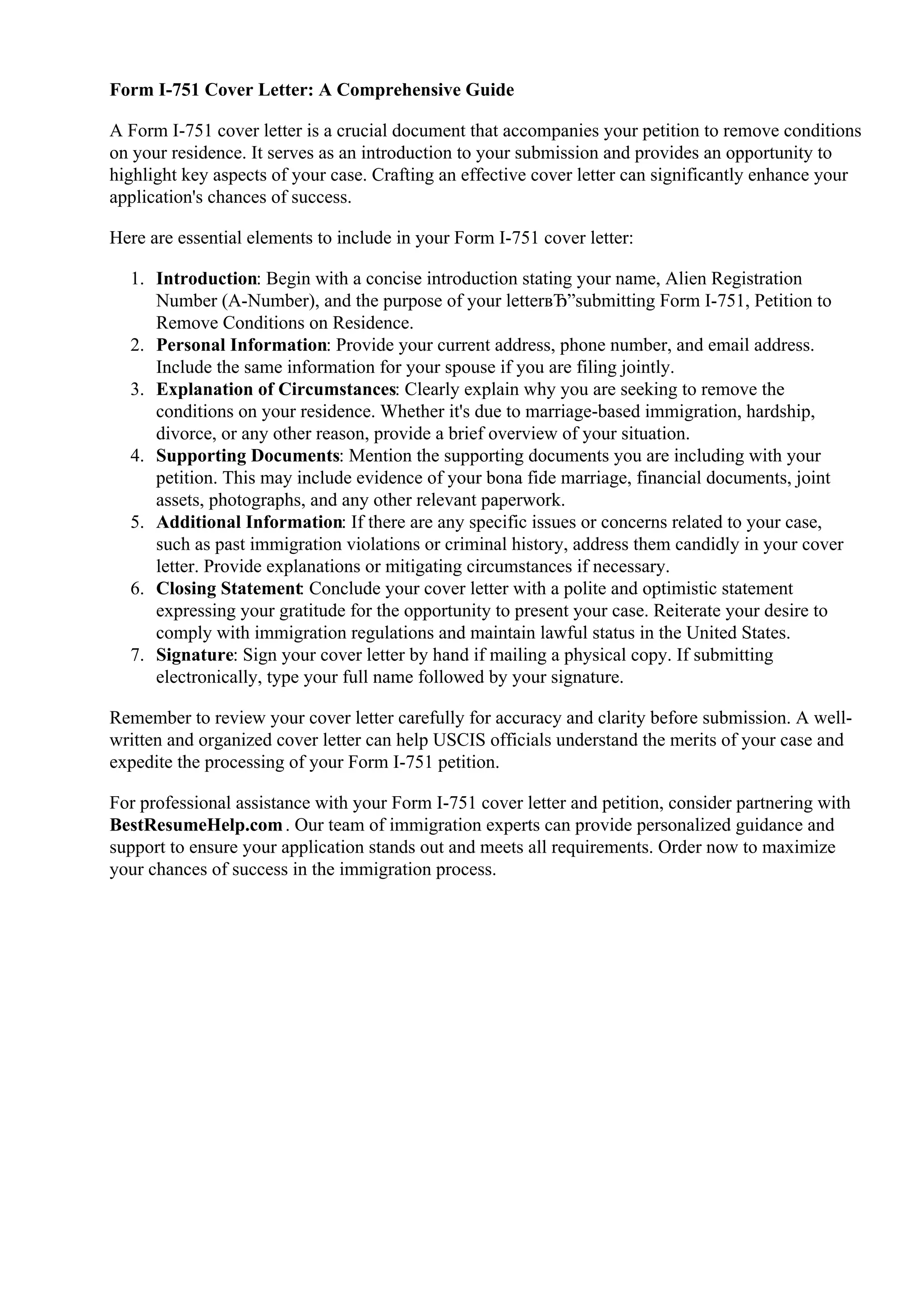 Form I 751 Cover Letter PDF