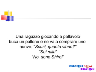Una ragazzo giocando a pallavolo buca un pallone e ne va a comprare uno  nuovo. “ Scusi, quanto viene?” “ Sei mila ” “ No, sono Shiro! ” 