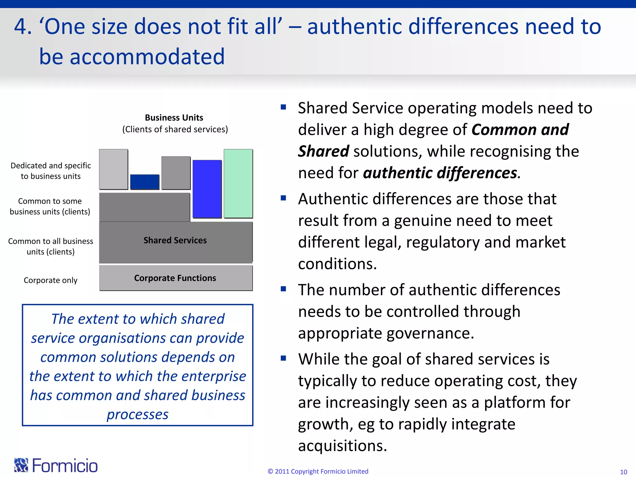 4. ‘One size does not fit all’ – authentic differences need to be accommodated Shared Service operating models need to deliver a high degree of  Common and Shared  solutions, while recognising the need for  authentic differences . Authentic differences are those that result from a genuine need to meet different legal, regulatory and market conditions. The number of authentic differences needs to be controlled through appropriate governance. While the goal of shared services is typically to reduce operating cost, they are increasingly seen as a platform for growth, eg to rapidly integrate acquisitions. The extent to which shared service organisations can provide common solutions depends on the extent to which the enterprise has common and shared business processes Dedicated and specific to business units Common to all business units (clients) Corporate only Common to some business units (clients) Business Units  (Clients of shared services) Shared Services Corporate Functions © 2011 Copyright Formicio Limited 