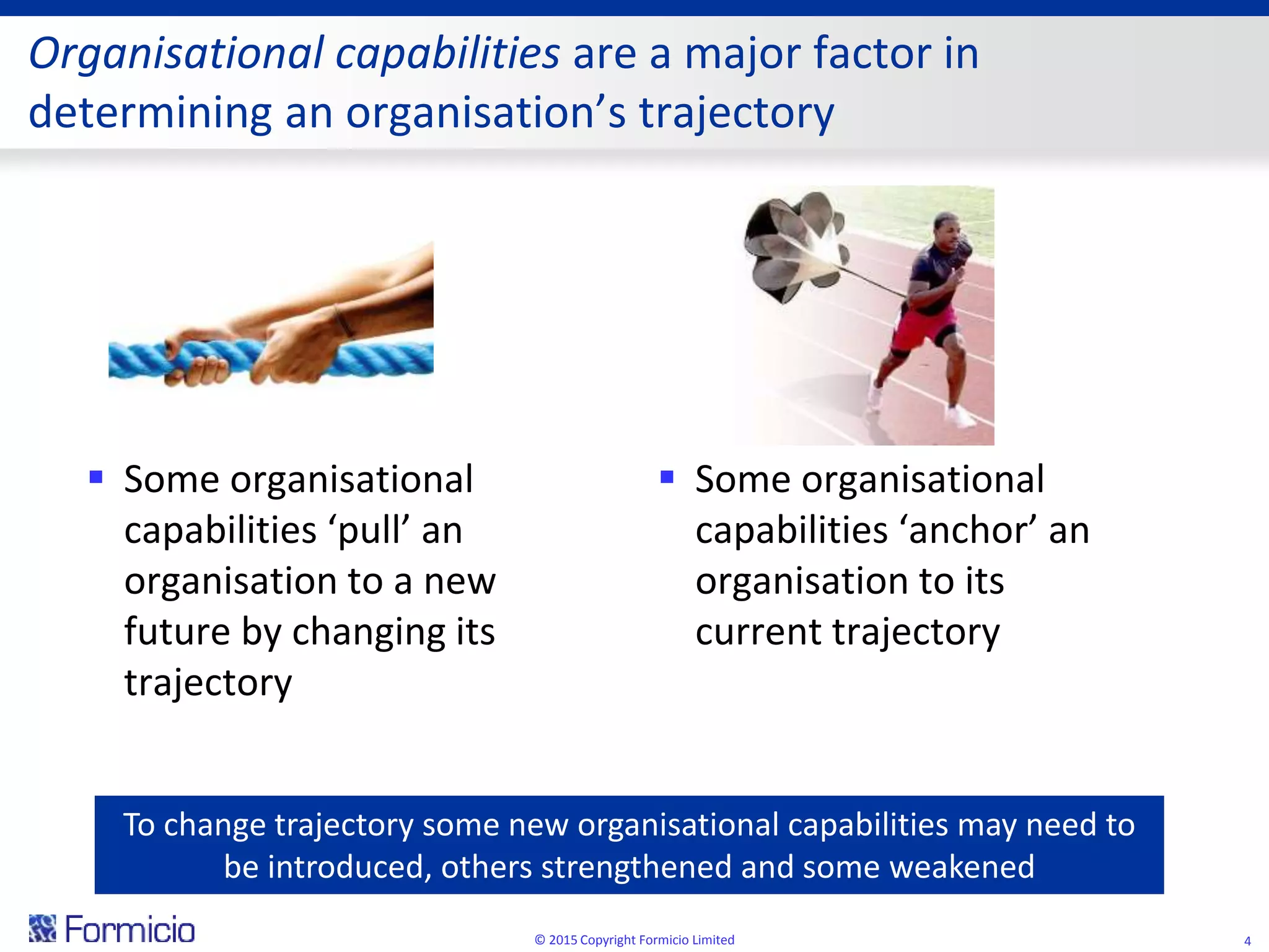 Organisational capabilities are a major factor in
determining an organisation’s trajectory
 Some organisational
capabilities ‘pull’ an
organisation to a new
future by changing its
trajectory
 Some organisational
capabilities ‘anchor’ an
organisation to its
current trajectory
© 2015 Copyright Formicio Limited 4
To change trajectory some new organisational capabilities may need to
be introduced, others strengthened and some weakened
 