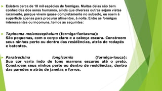  Existem cerca de 10 mil espécies de formigas. Muitas delas são bem
conhecidas dos seres humanos, ainda que diversas outras sejam vistas
raramente, porque vivem quase completamente no subsolo, ou saem à
superfície apenas para procurar alimentos, à noite. Entre as formigas
interessantes ou incomuns, temos as seguintes:
 Tapinoma melanocephalum (formiga-fantasma):
São pequenas, com o corpo claro e a cabeça escura. Constroem
seus ninhos perto ou dentro das residências, atrás de rodapés
e batentes.
 Paratrechina longicornis (formiga-louca):
Sua cor varia indo de tons marrons escuros até o preto.
Constroem seus ninhos perto ou dentro de residências, dentro
das paredes e atrás de janelas e forros.
 