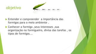 objetivo
 Entender e compreender a importância das
formigas para o meio ambiente .
 Conhecer a formiga ,seus interesses ,sua
organização no formigueiro, divisa das tarefas , os
tipos de formigas...
 