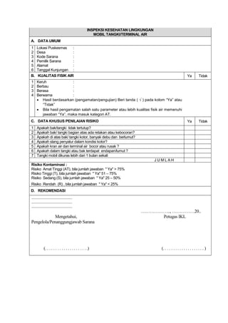 INSPEKSI KESEHATAN LINGKUNGAN
MOBIL TANGKI/TERMINAL AIR
A. DATA UMUM
1 Lokasi Puskesmas :
2 Desa :
3 Kode Sarana :
4 Pemilik Sarana :
5 Alamat :
6 Tanggal Kunjungan :
B. KUALITAS FISIK AIR Ya Tidak
1 Keruh :
2 Berbau :
3 Berasa :
4 Berwarna :
 Hasil berdasarkan (pengamatan/pengujian) Beri tanda ( √ ) pada kolom “Ya” atau
“Tidak”
 Bila hasil pengamatan salah satu parameter atau lebih kualitas fisik air memenuhi
jawaban “Ya”, maka masuk kategori AT.
C. DATA KHUSUS PENILAIAN RISIKO Ya Tidak
1 Apakah bak/tangki tidak tertutup?
2 Apakah bak/ tangki bagian atas ada retakan atau kebocoran?
3 Apakah di atas bak/ tangki kotor, banyak debu dan berlumut?
4 Apakah slang penyalur dalam kondisi kotor?
5 Apakah kran air dan terminal air bocor atau rusak ?
6 Apakah dalam tangki atau bak terdapat endapan/lumut ?
7 Tangki mobil dikuras lebih dari 1 bulan sekali
J U M L A H
Risiko Kontaminasi :
Risiko Amat Tinggi (AT), bila jumlah jawaban " Ya" > 75%
Risiko Tinggi (T), bila jumlah jawaban " Ya" 51 – 75%
Risiko Sedang (S), bila jumlah jawaban " Ya" 25 – 50%
Risiko Rendah (R) , bila jumlah jawaban " Ya" < 25%
D. REKOMENDASI
...........................................
...........................................
...........................................
……………….., ……………20..
Mengetahui, Petugas IKL
Pengelola/Penanggungjawab Sarana
(. . . . . . . . . . . . . . . . . . . . .) (. . . . . . . . . . . . . . . . . . . . )
 
