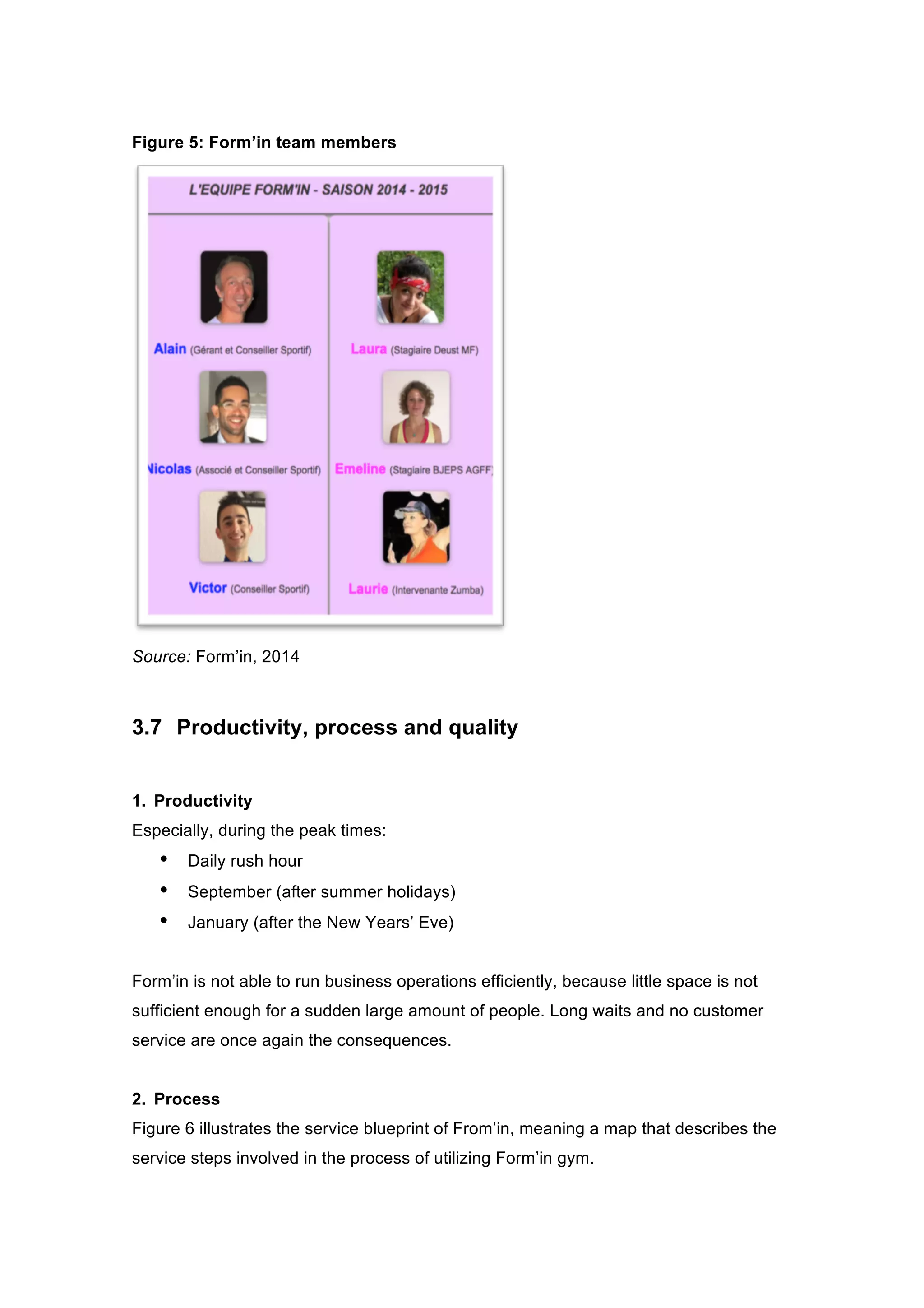 Figure 5: Form’in team members
Source: Form’in, 2014
3.7 Productivity, process and quality
1. Productivity
Especially, during the peak times:
• Daily rush hour
• September (after summer holidays)
• January (after the New Years’ Eve)
Form’in is not able to run business operations efficiently, because little space is not
sufficient enough for a sudden large amount of people. Long waits and no customer
service are once again the consequences.
2. Process
Figure 6 illustrates the service blueprint of From’in, meaning a map that describes the
service steps involved in the process of utilizing Form’in gym.
 