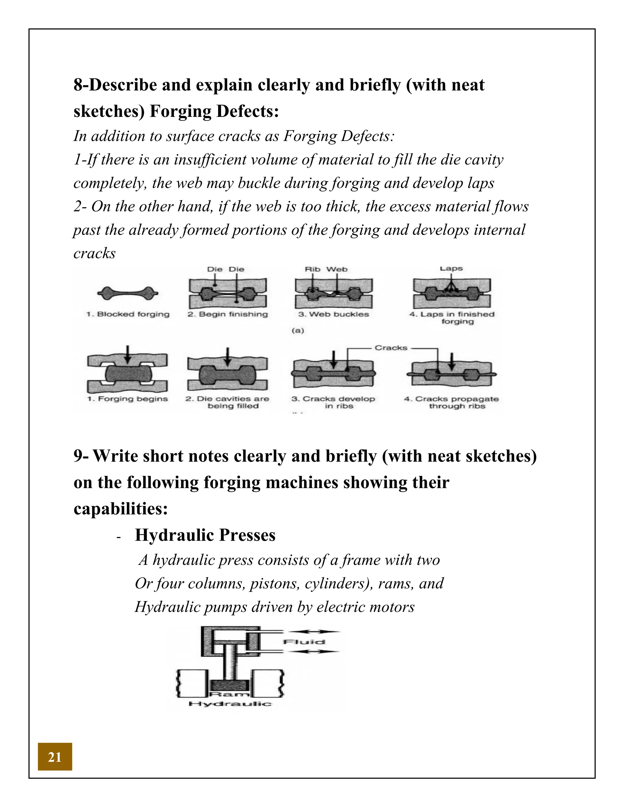 21
8-Describe and explain clearly and briefly (with neat
sketches) Forging Defects:
In addition to surface cracks as Forging Defects:
1-If there is an insufficient volume of material to fill the die cavity
completely, the web may buckle during forging and develop laps
2- On the other hand, if the web is too thick, the excess material flows
past the already formed portions of the forging and develops internal
cracks
9- Write short notes clearly and briefly (with neat sketches)
on the following forging machines showing their
capabilities:
- Hydraulic Presses
A hydraulic press consists of a frame with two
Or four columns, pistons, cylinders), rams, and
Hydraulic pumps driven by electric motors
 