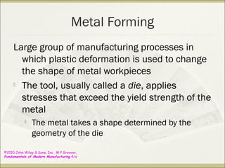 ©2010 John Wiley & Sons, Inc. M P Groover,
Fundamentals of Modern Manufacturing 4/e
Metal Forming
Large group of manufacturing processes in
which plastic deformation is used to change
the shape of metal workpieces

The tool, usually called a die, applies
stresses that exceed the yield strength of the
metal

The metal takes a shape determined by the
geometry of the die
 