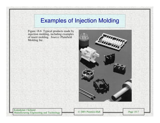 Kalpakjian • Schmid
Manufacturing Engineering and Technology © 2001 Prentice-Hall Page 18-7
Examples of Injection Molding
Figure 18.6 Typical products made by
injection molding, including examples
of insert molding. Source: Plainfield
Molding Inc.
 