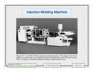 Kalpakjian • Schmid
Manufacturing Engineering and Technology © 2001 Prentice-Hall Page 18-8
Injection-Molding Machine
Figure 18.7 A 2.2-MN (250-ton) injection-molding machine. The tonnage is the force
applied to keep the dies closed during injection of molten plastic into the mold cavities.
Source: Courtesy of Cincinnati Milacron, Plastics Machinery Division.
 