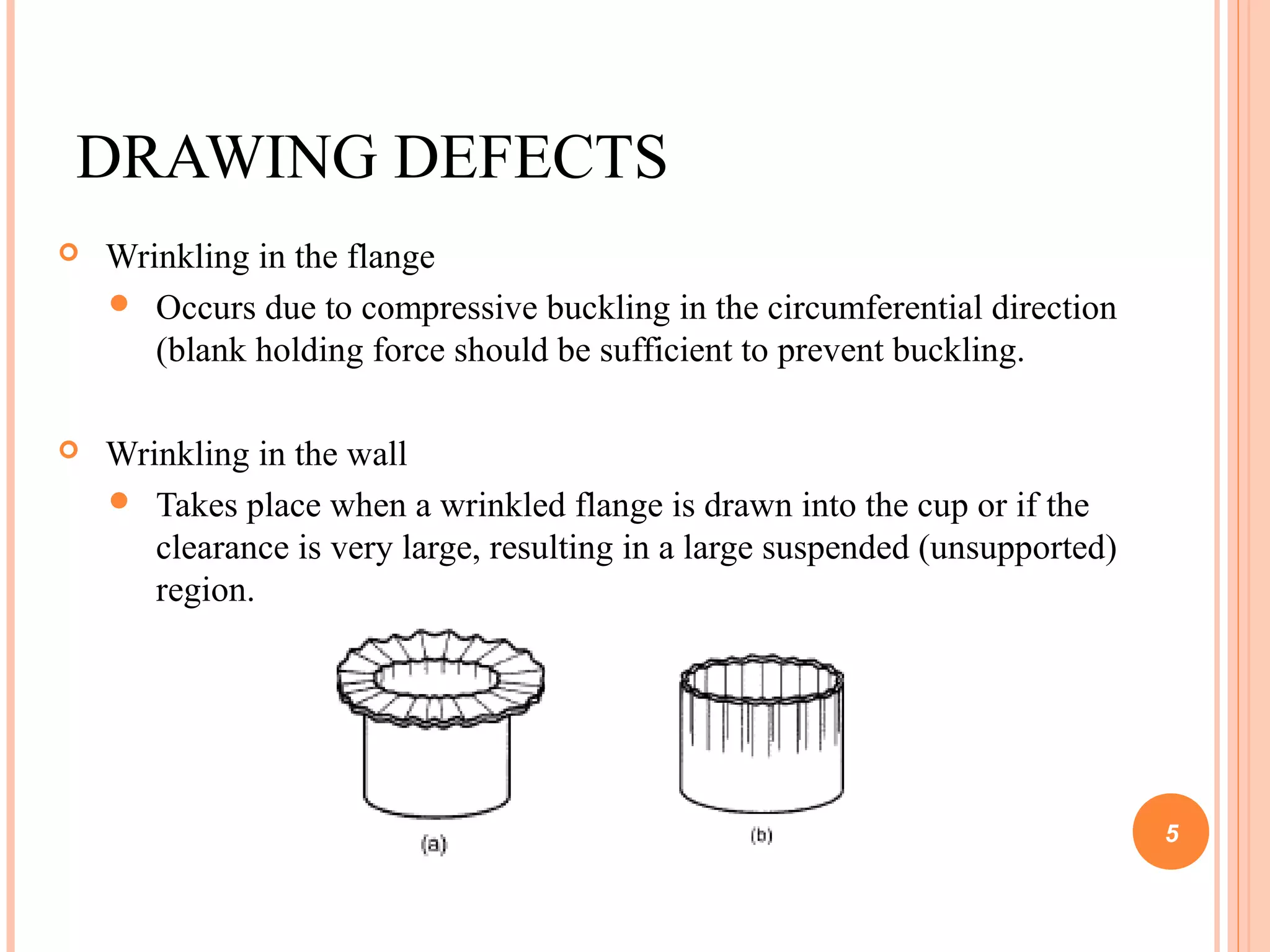 DRAWING DEFECTS 
 Wrinkling in the flange 
 Occurs due to compressive buckling in the circumferential direction 
(blank holding force should be sufficient to prevent buckling. 
 Wrinkling in the wall 
 Takes place when a wrinkled flange is drawn into the cup or if the 
clearance is very large, resulting in a large suspended (unsupported) 
region. 
5 
 