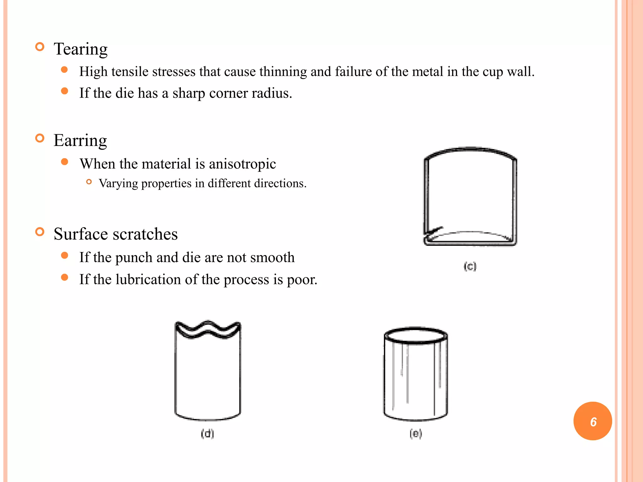  Tearing 
 High tensile stresses that cause thinning and failure of the metal in the cup wall. 
 If the die has a sharp corner radius. 
 Earring 
 When the material is anisotropic 
 Varying properties in different directions. 
 Surface scratches 
 If the punch and die are not smooth 
 If the lubrication of the process is poor. 
6 
 