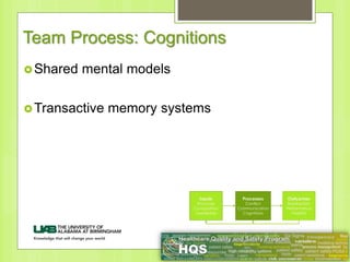 Team Process: Cognitions
Shared mental models
Transactive memory systems
 
