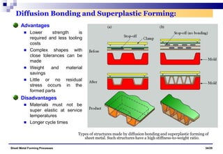 Diffusion Bonding and Superplastic Forming:
Advantages
Lower strength is
required and less tooling
costs
Complex shapes with
close tolerances can be
made
Weight and material
savings
Little or no
stress occurs
residual
in the
formed parts
Disadvantages
not be
service
Materials must
super elastic at
temperatures
Longer cycle times
Types of structures made by diffusion bonding and superplastic forming of
sheet metal. Such structures have a high stiffness-to-weight ratio.
Sheet Metal Forming Processes 34/29
 