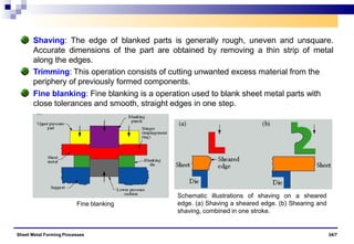 Shaving: The edge of blanked parts is generally rough, uneven and unsquare.
Accurate dimensions of the part are obtained by removing a thin strip of metal
along the edges.
Trimming: This operation consists of cutting unwanted excess material from the
periphery of previously formed components.
Fine blanking: Fine blanking is a operation used to blank sheet metal parts with
close tolerances and smooth, straight edges in one step.
Schematic illustrations of shaving on a sheared
edge. (a) Shaving a sheared edge. (b) Shearing and
shaving, combined in one stroke.
Fine blanking
Sheet Metal Forming Processes 34/7
 