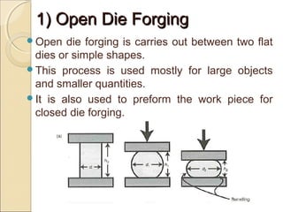 1) Open Die Forging1) Open Die Forging
Open die forging is carries out between two flat
dies or simple shapes.
This process is used mostly for large objects
and smaller quantities.
It is also used to preform the work piece for
closed die forging.
 
