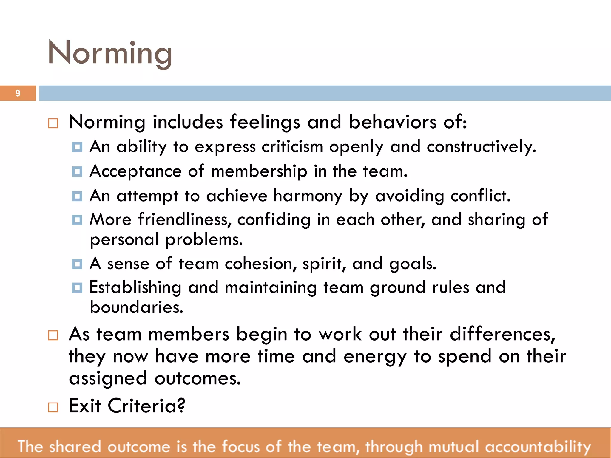 Norming 
¨ Norming includes feelings and behaviors of: 
¤ An ability to express criticism openly and constructively. 
¤ Acceptance of membership in the team. 
¤ An attempt to achieve harmony by avoiding conflict. 
¤ More friendliness, confiding in each other, and sharing of 
personal problems. 
¤ A sense of team cohesion, spirit, and goals. 
¤ Establishing and maintaining team ground rules and 
boundaries. 
¨ As team members begin to work out their differences, 
they now have more time and energy to spend on their 
assigned outcomes. 
¨ Exit Criteria? 
9 
 