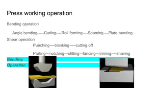 Press working operation
Bending operation
Angle bending-----Curling----Roll forming----Seaming----Plate bending
Shear operation
Punching----blanking-----cutting off
Parting---notching---slitting---lancing---triming----shaving
Bending shear
Operation operation
 