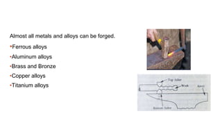 Almost all metals and alloys can be forged.
•Ferrous alloys
•Aluminum alloys
•Brass and Bronze
•Copper alloys
•Titanium alloys
 