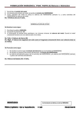 FORMULACIÓN INORGÁNICA. 3ºESO. PARTE (II) Hidruros e Hidróxidos


1. Se escribe el símbolo del metal.
2. A la derecha del ...