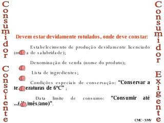 Devem estar devidamente rotulados, onde deve constar: Estabelecimento de produção devidamente licenciado (marca de salubridade); Denominação de venda (nome do produto);   Lista de ingredientes; Condições especiais de conservação:  “Conservar a temperaturas de 6ºC”  ; Data limite de consumo:  “Consumir até ...(dia/mês/ano)” . Consumidor Consciente Consumidor Exigente CMC - SMV 