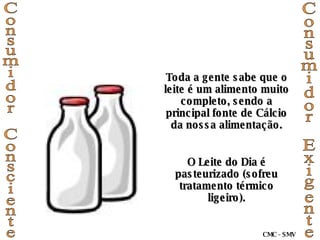 Toda a gente sabe que o leite é um alimento muito completo, sendo a principal fonte de Cálcio da nossa alimentação. O Leite do Dia é pasteurizado (sofreu tratamento térmico ligeiro). Consumidor Consciente Consumidor Exigente CMC - SMV 