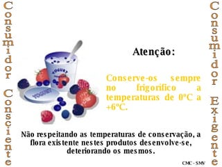 Atenção: Conserve-os sempre no frigorífico a temperaturas de 0ºC a +6ºC. Não respeitando as temperaturas de conservação, a flora existente nestes produtos desenvolve-se, deteriorando os mesmos. Consumidor Consciente Consumidor Exigente CMC - SMV 