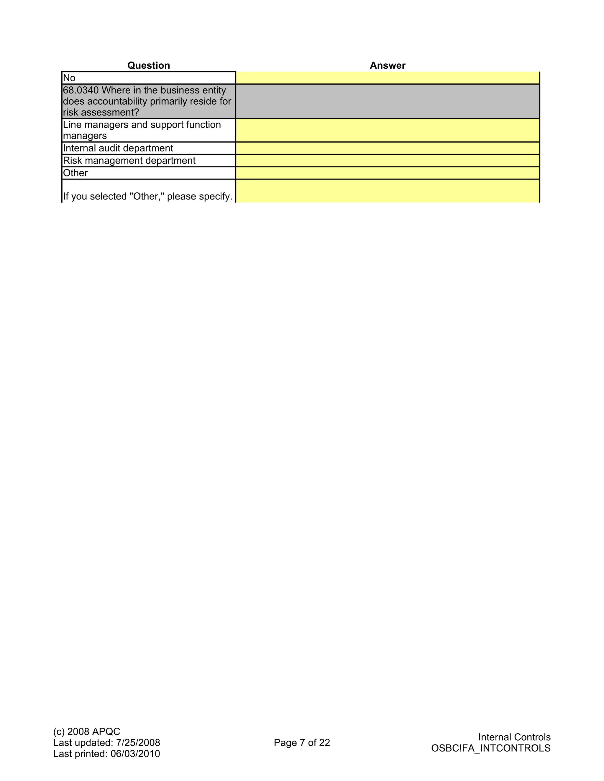 Question                                  Answer
  No
  68.0340 Where in the business entity
  does accountability primarily reside for
  risk assessment?
  Line managers and support function
  managers
  Internal audit department
  Risk management department
  Other

  If you selected "Other," please specify.




(c) 2008 APQC
                                                                             Internal Controls
Last updated: 7/25/2008                      Page 7 of 22
                                                                     OSBC!FA_INTCONTROLS
Last printed: 06/03/2010
 