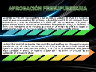 G
Elaborada la Proforma Presupuestaria y sus anexos, el Ejecutivo la envía a la Asamblea
Nacional, para su aprobación. Sin embargo, la Legislatura podrá de ser necesario, hacer
observaciones y proponer alternativas a la distribución de los recursos de ingresos y
gastos, sin que altere el monto total de la Proforma Presupuestaria. Luego, la Asamblea la
renvía a la Presidencia de la República para que en un tiempo de diez días acepte las
observaciones, haga una nueva propuesta o se ratifique en la propuesta original.




D
La Asamblea Nacional, en los diez días siguientes, podrá ratificar sus observaciones en un
solo debate, con el voto de dos tercios de sus integrantes; de lo contrario, entrará en
vigencia la proforma presupuestaria enviada, a la cual se la denominará: Presupuesto
Inicial Aprobado, y entrará en vigencia a partir del 1 de enero, sin prejuicio de su
publicación en el Registro Oficial.
 