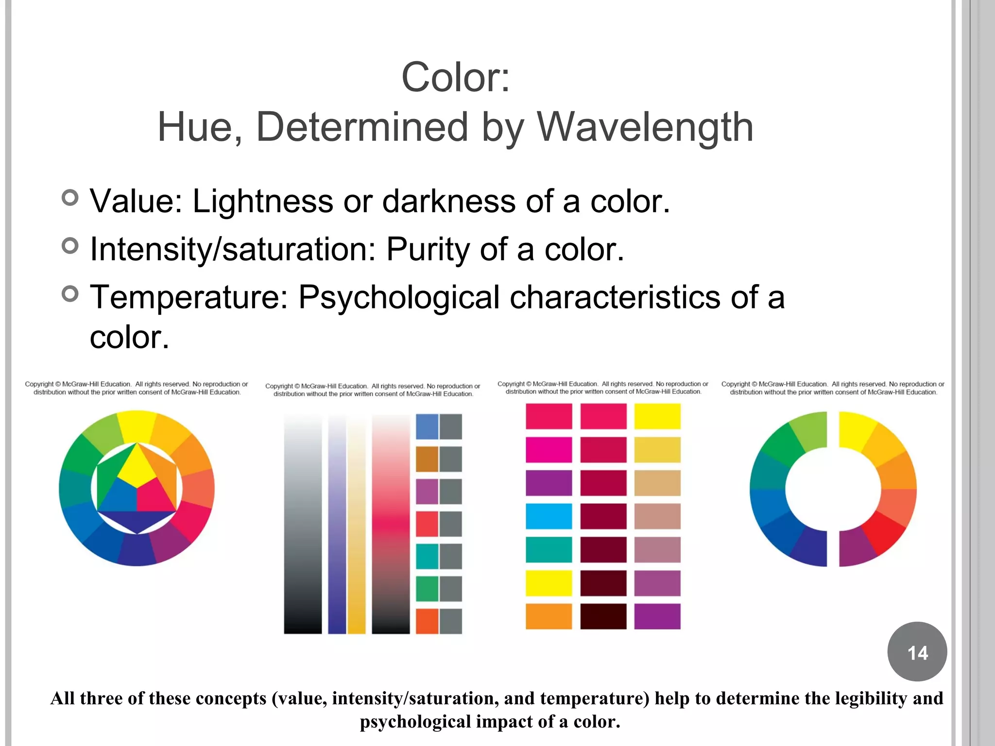 Color:
Hue, Determined by Wavelength
 Value: Lightness or darkness of a color.
 Intensity/saturation: Purity of a color.
 Temperature: Psychological characteristics of a
color.
All three of these concepts (value, intensity/saturation, and temperature) help to determine the legibility and
psychological impact of a color.
14
 