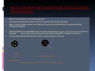 MELT-IN-MOUTH TABLETS BY SUBLIMATION TECHNIQUE:- Melt-in-mouth tablets:-Novel slid dosage form. Disintegrate & dissolved rapidly in saliva, No need of water for administration. Melt-in-mouth tablets overcome the feeling of rough texture (Side effect of compressed tablets, disintegrating agent). MECHANISM :-It involves sublimation of volatile oils/sublimating agent, which causes pre formation in the tablet  saliva enter in this pores &causes the rapid disintegration of tablet in oral cavity. Compressible Mannitol (PEARLITOL SD200):-used as diluent, sweetener subliming agent  pores created on sublimation  Compressed tablet sublimation at appropriate condition  e.g. olanzapine  tablet (Anti-psychotic)  
