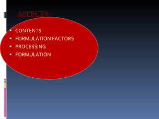 ASPECTS:- CONTENTS FORMULATION FACTORS PROCESSING FORMULATION 