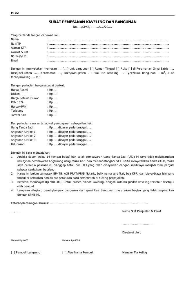 Form Mkt02 Surat Pemesanan Kaveling Dan Bangunan