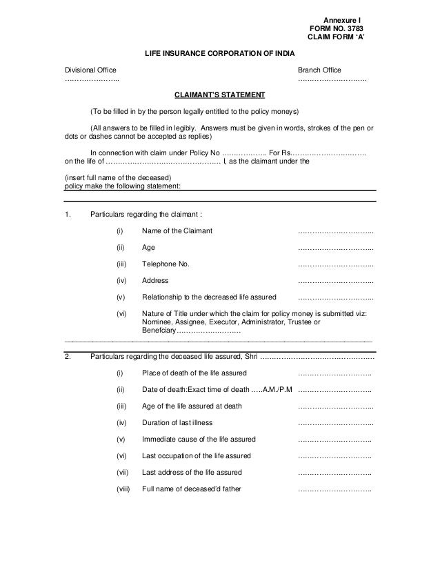 Death claim (Form no 3783)