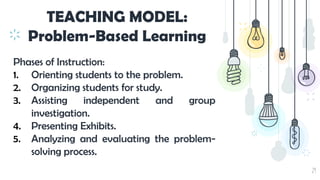 29
TEACHING MODEL:
Problem-Based Learning
Phases of Instruction:
1. Orienting students to the problem.
2. Organizing students for study.
3. Assisting independent and group
investigation.
4. Presenting Exhibits.
5. Analyzing and evaluating the problem-
solving process.
 