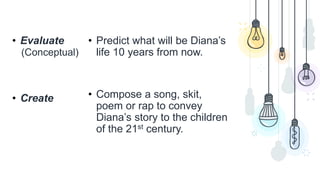 • Evaluate
(Conceptual)
• Create
• Predict what will be Diana’s
life 10 years from now.
• Compose a song, skit,
poem or rap to convey
Diana’s story to the children
of the 21st century.
 